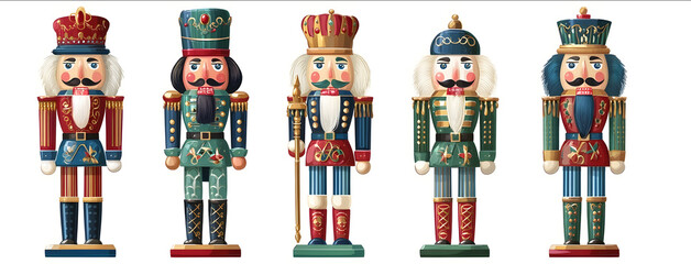 5 different nutcracker christmas clip art images vector style white background red blue and green colors