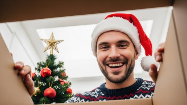 Excited man in Santa hat smiling while opening a delivery box, shot from inside, symbolizing Christmas gifts, shipping, and online shopping joy.