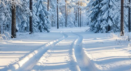 Obraz premium Sleigh tracks gracefully winding through a pristine winter forest under soft morning sunlight, evoking a serene winter wonderland concept