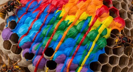 Obraz premium Colorful paint dripping over honeycomb structure, abstract art creation, close-up view, natural texture in creative environment