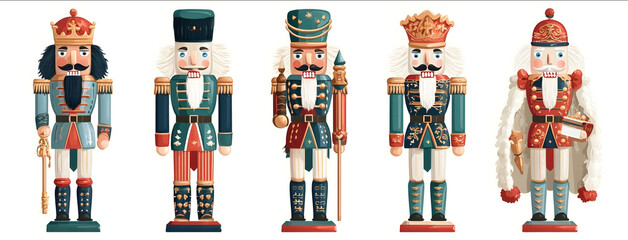 5 different nutcracker christmas clip art images vector style white background red blue and green colors