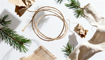 Sustainable Christmas composition with natural materials and hard shadows. Eco-friendly gift wrapping concept with twine, pine branches, and kraft paper flat lay. Zero waste holiday background