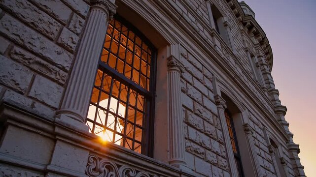 As the sun sets, warm light streams through the ornate window of a historical building, illuminating the textured stonework beside it. The intricate details of the columns stand ou