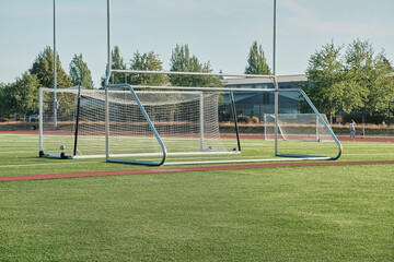 Milton WA USA, July 20, 2025 - Surprise Lake Middle School, football pitch with running tracks on the grounds of the middle school