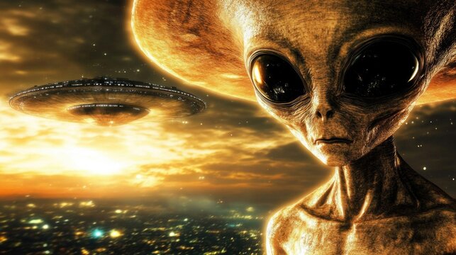 Alien Encounter & Science Fiction. Grey Alien Emerges from Spaceship. Close-Up of Extraterrestrial Being with Large Black Eyes