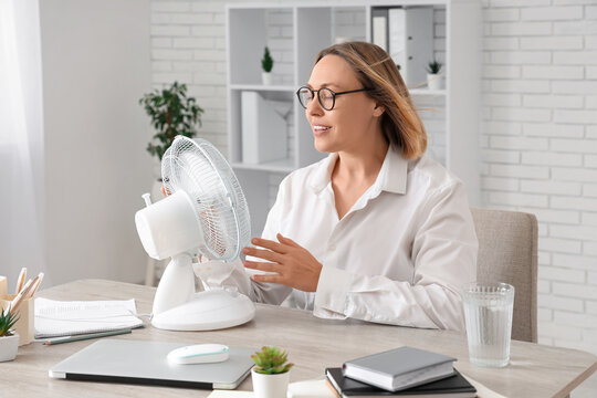 Beautiful mature happy businesswoman with electric fan and glass of water in office - Powered by Adobe