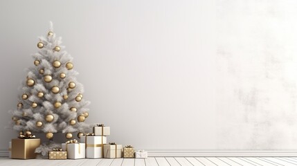 A Beautifully Decorated White Christmas Tree with Golden Ornaments and Wrapped Gifts on a White Wooden Floor