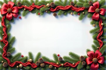 Festive christmas frame with evergreen branches and red ribbon bows for holiday greeting card design