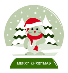 bunny with cap and scarf ringing bell in snow ball isolated on white background