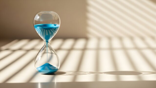 Hourglass with Blue Sand Flowing Symbolizing Time Passing.