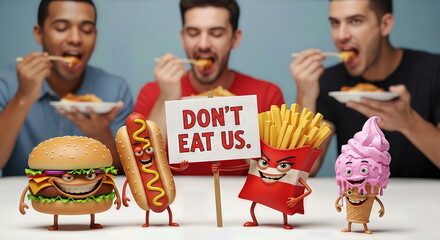Junk temptation: unhealthy food character with trans fat, sweet, and fast meal cry don't eat us, urging balanced nutrition, fresh produce, wellness awareness, vitality, prevention, disease elimination