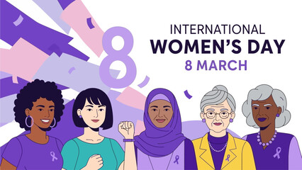 Diverse women celebrating International Women's Day on March 8th with confetti and a large number eight.