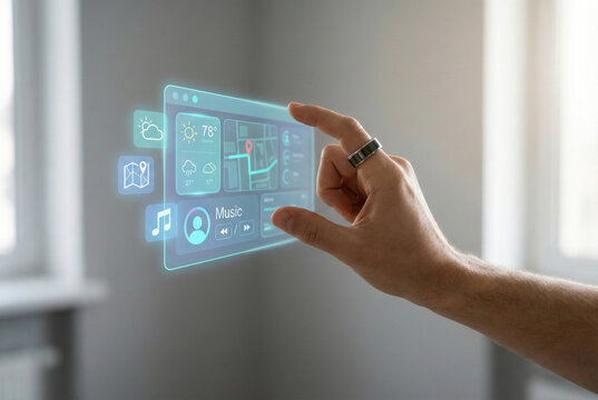 Hand interacting with futuristic digital interface showing weather, music and navigation apps on transparent screen indoors with copy space