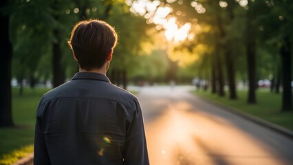 Man Walking Down Tree Lined Path Towards Golden Sunset Light.