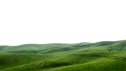 Rolling green hills under a bright sky create a serene landscape scene.