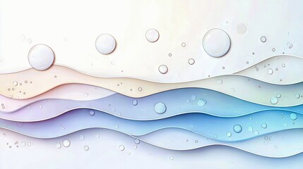 An abstract art composition featuring layered paper waves in pastel colors, with bubbles floating above. The image has soft lighting.