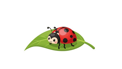 Fototapeta premium A cute cartoon ladybug with black spots resting on a vibrant green leaf, isolated on a white background.