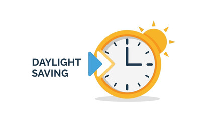 Daylight saving time concept with clock and sun illustration.