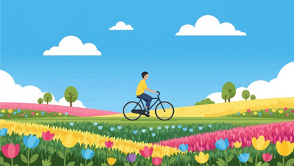 A person riding a bicycle through a vibrant field of colorful tulips under a clear blue sky.