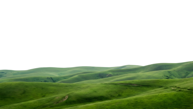 Rolling green hills under a bright sky create a serene landscape scene.