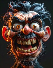 Dramatic Vibrant 3D Render Cartoon Wallpaper Terrifying Caricature Crazy Facial Expressions Movement, captured Macro lens Solid