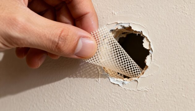 Closeup of a person applying mesh patch on a drywall hole showing detailed texture and smooth repair process in an indoor setting.