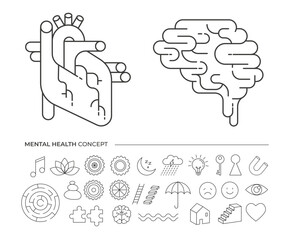 Abstract heart and brain infographic. Mental health concept illustration.