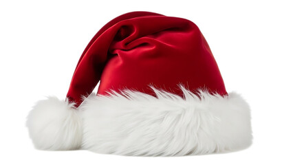 A festive santa hat with red velvet and fluffy white trim isolated on a black background in a studio shot