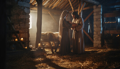 Baby Jesus, Mary, and Saint Joseph in the stable in Bethlehem. Christmas scene.

