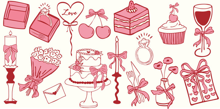 Hand drawn coquette elements for wedding invitation and celebration cards. Cute girly bows, ring ,ribbons, cherry, cake, cocktails, and candle icons, vector illustration with a feminine aesthetic.