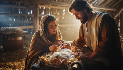 Dzieciątko Jezus, Maryja i Święty Józef w stajence betlejemskiej. Scena Bożego Narodzenia