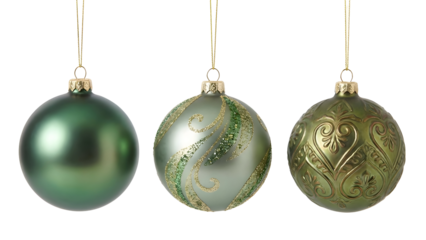 Three festive Christmas ornaments hanging against a white background.