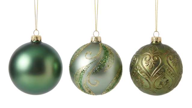 Three festive Christmas ornaments hanging against a white background.