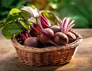 organic beetroots with green leaves in a wicker basket on rustic wooden table