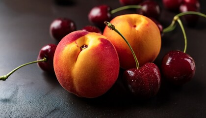 close up of fresh peaches and a cherry on a dark background showcasing vibrant colors and natural fruit textures