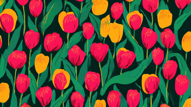 A vibrant, stylized pattern features numerous red and yellow tulips amidst lush green leaves on a dark background. This cheerful floral design evokes spring's beauty.