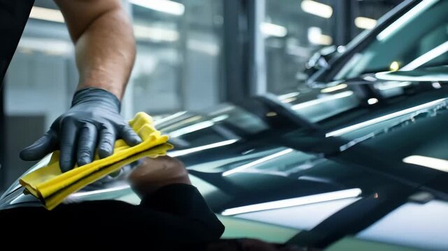 Medium shot of a technician applying a transparent nanocoating on a glass pane for enhanced scratch resistance and water repellency.
