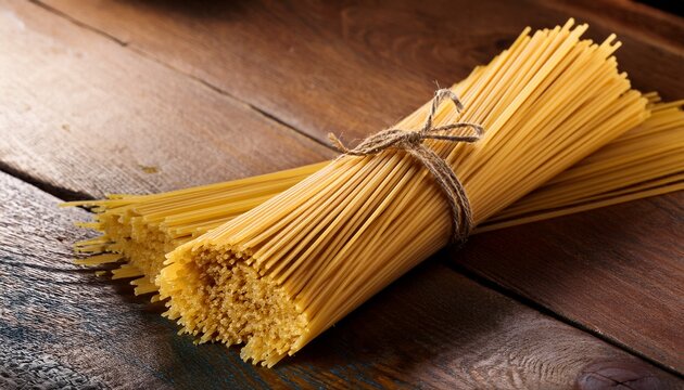 uncooked spaghetti pasta on a rustic wooden table