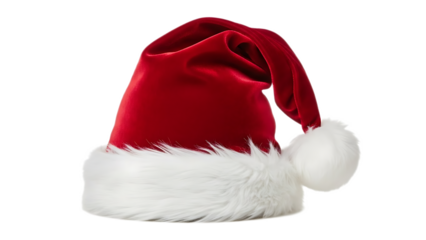 A festive red santa hat with white trim and pom pom isolated against a black background for christmas