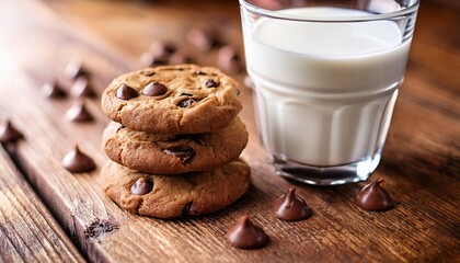 close up of chocolate chip cookies with a glass of milk on a wooden table background emphasizing snack time or dessert concept