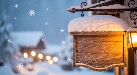 Rustic wooden hotel sign covered in snow with a warm glowing lantern during heavy snowfall, perfect for a cozy winter welcome concept