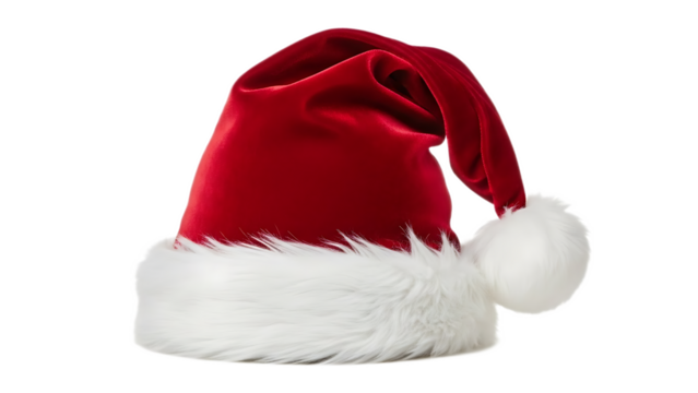 A festive red santa hat with white trim and pom pom isolated against a black background for christmas