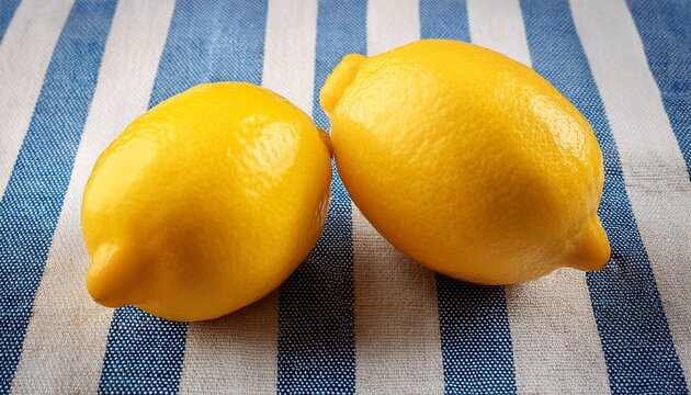 two fresh yellow lemons on a blue and white striped fabric background - Powered by Adobe