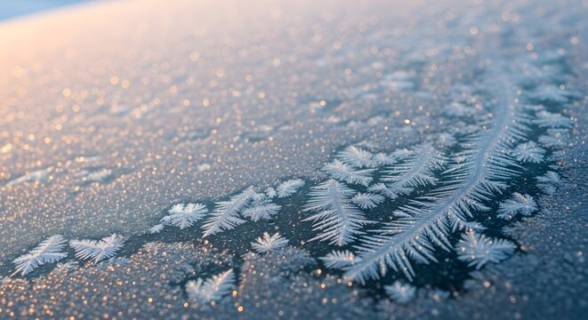 Delicate ice crystals and intricate frost patterns forming on a cold car windshield at sunrise for a winter season concept and frozen texture - Powered by Adobe