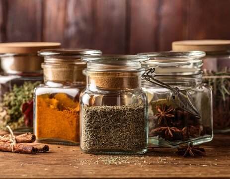 glass jars filled with dried spices and herbs on a rustic wooden table