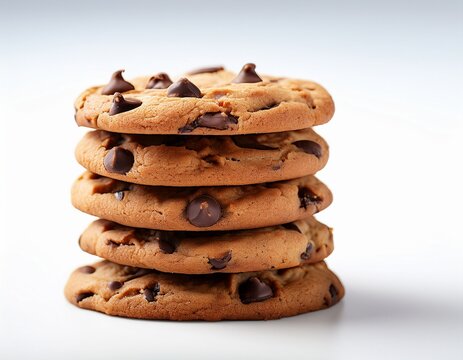 stack of five homemade chocolate chip cookies with visible chocolate chunks on a plain white background