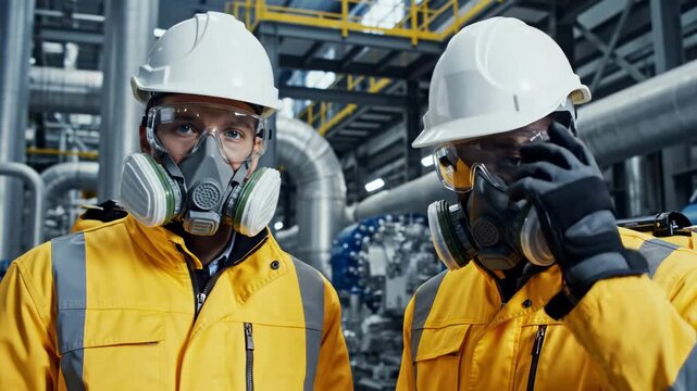 Engineers in protective gear inspect industrial equipment. safety and teamwork in highrisk environments.