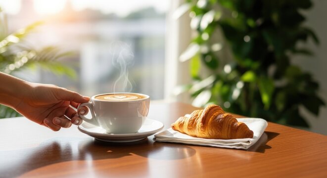 Warm coffee with latte art and a fresh croissant on a wooden table, morning sunlight filtering through plants, a moment of peaceful refreshment and quiet indulgence.