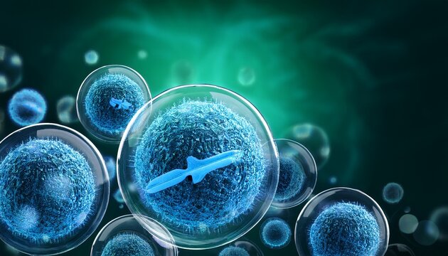 blue textile yarns close up macro antibacterial symbols glowing inside translucent bubbles dark green background gradients