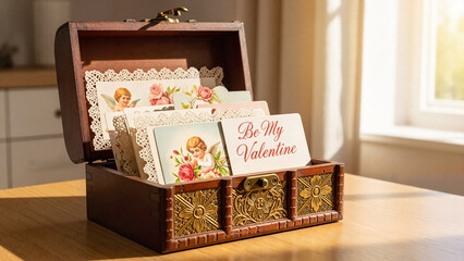 Vintage wooden box filled with Valentine cards on a table  